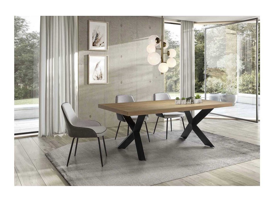 Mesas Merkamueble | Mesa De Comedor Rectangular Fija En Madera Y Patas Met Licas Color Roble-Negro