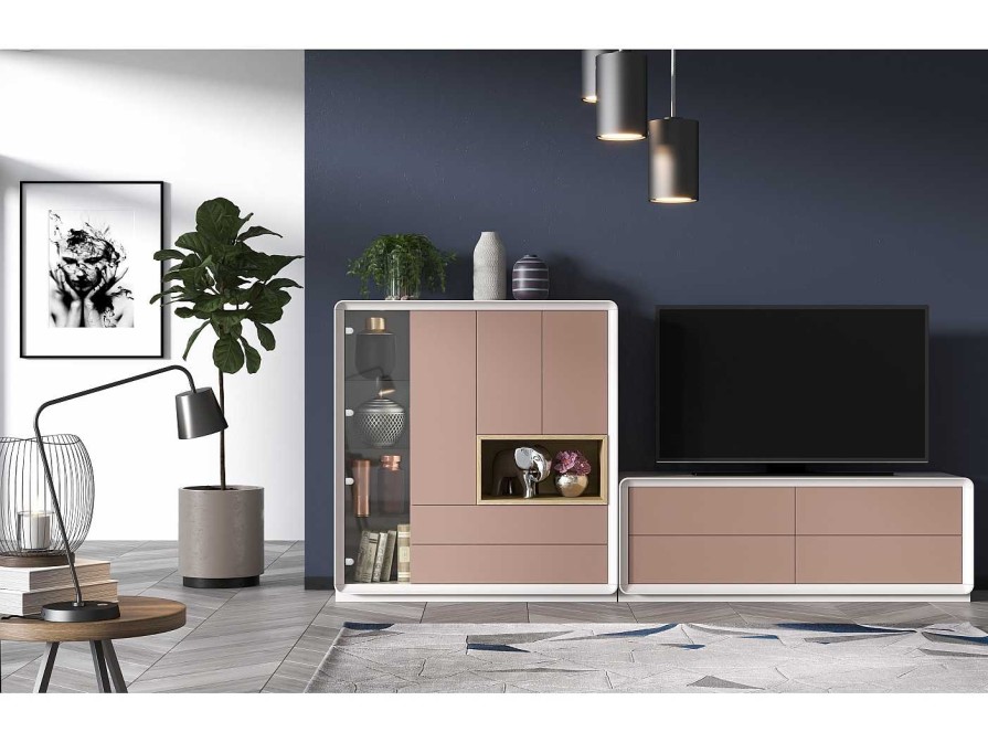 Salones Merkamueble | Composici N Salon Modular Bajo Tv Y Vitrina. Color Lacado N63 / Lacado N65 / Roble N20.