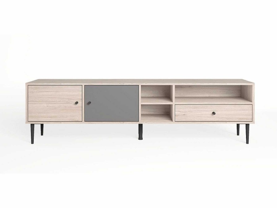 Salones Merkamueble | Mueble Tv Con Puertas, Caj N Y Huecos Color Sahara-Gris Pizarra-Blanco