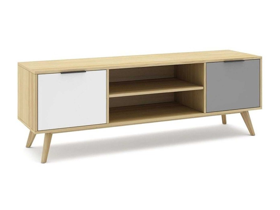 Salones Merkamueble | Mueble Tv Con 2 Puertas Color Roble-Gris Claro-Blanco