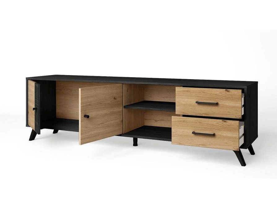 Salones Merkamueble | Mueble Tv Con Puertas, Cajones Y Huecos Color Bocamina-Natural