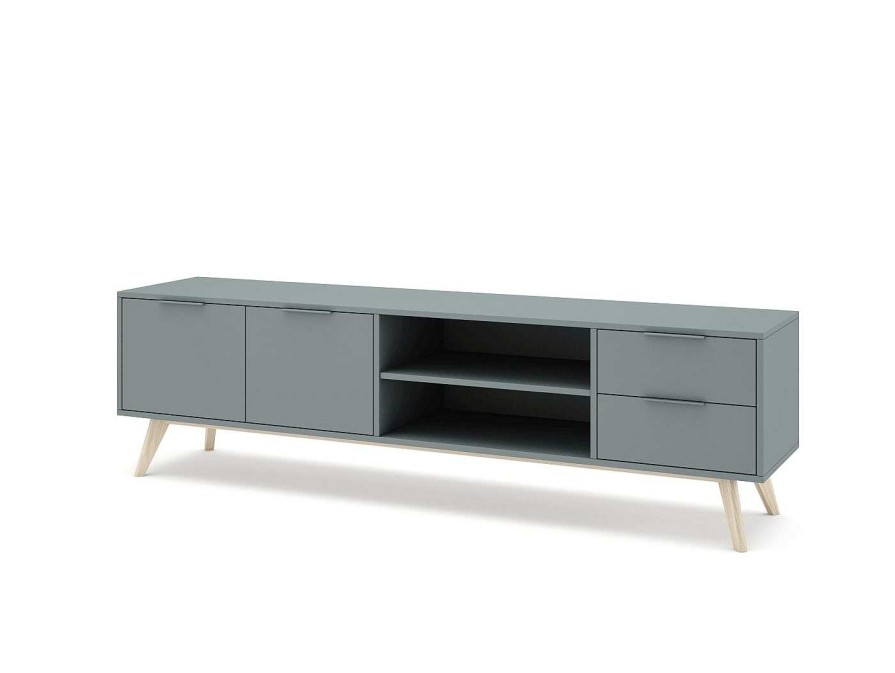 Salones Merkamueble | Mueble Tv 2 Puertas, 2 Cajones Y 2 Huecos Color Verde Kaki-Cera Blanca