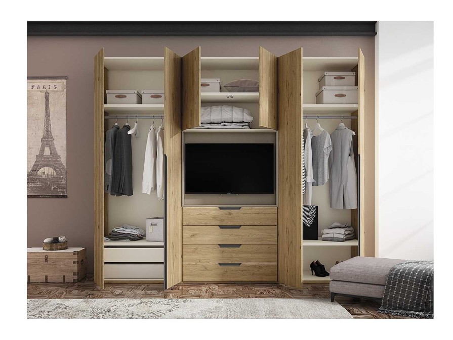 Dormitorios Merkamueble | Composici N Dormitorio Armario Con Hueco Tv. Color Naturale/ Vis N Chic