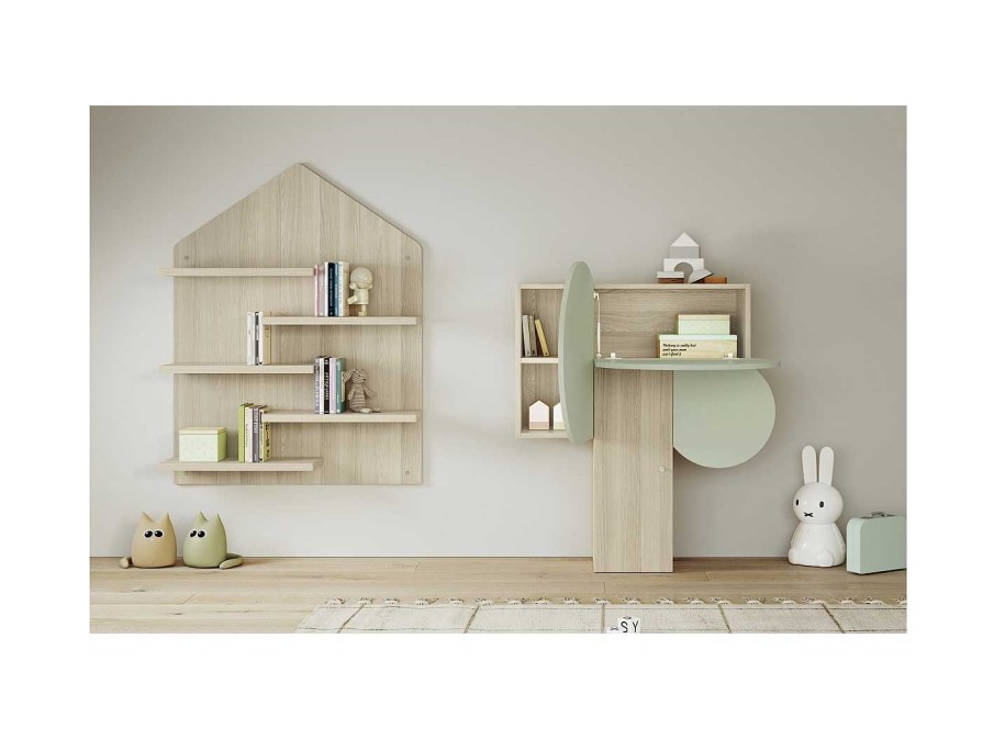 Juveniles Merkamueble | Composici N Juvenil Con Cama Convertible Infantil Con Escritorio, Estanter As Casita Y Rbol Color Blanco-Verde Soft-Nordic