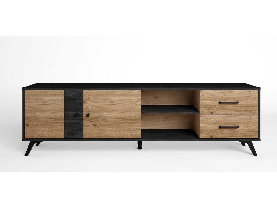 Salones Merkamueble | Mueble Tv Con Puertas, Cajones Y Huecos Color Bocamina-Natural