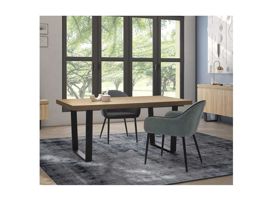 Mesas Merkamueble | Mesa De Comedor Rectangular Tapa Fija En Madera Y Patas Met Licas Color Roble-Negro