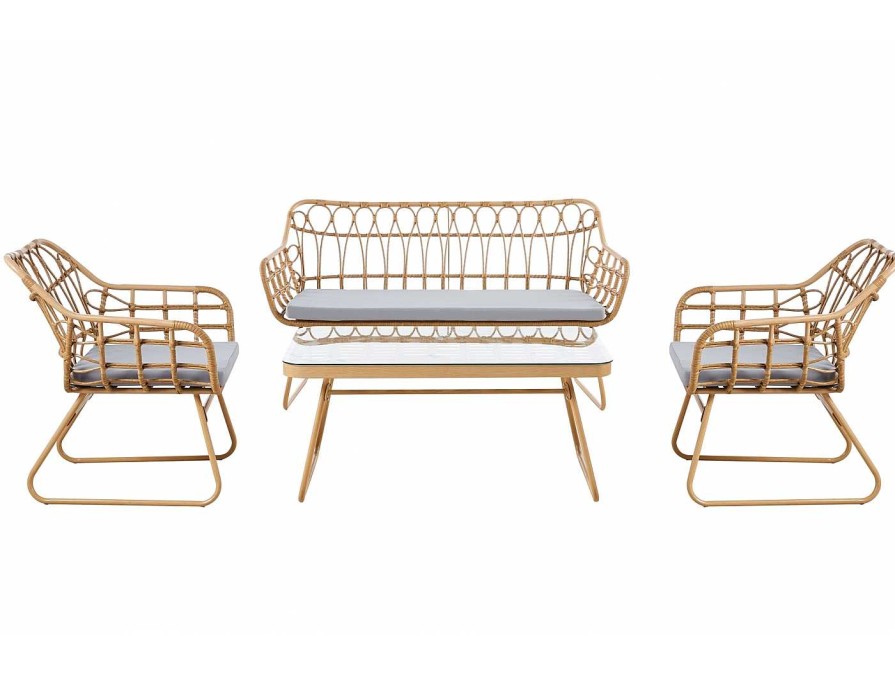 Mesas Merkamueble | Set De Exterior De 4 Piezas Rattan Con Estructura Met Lica Y Cojines Gris