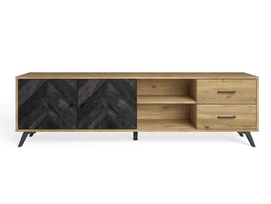 Salones Merkamueble | Mueble Tv Con 2 Puertas Y 2 Cajones Color Madera-Negro