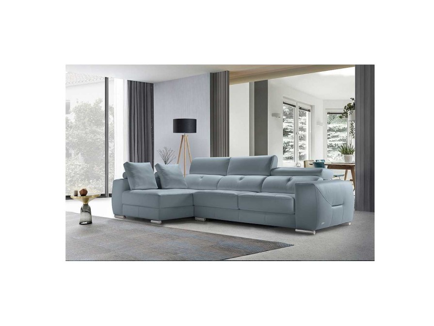 Sof S Merkamueble | Chaiselongue Con Asientos Extra Bles Y Respaldos Abatibles De Piel Celeste