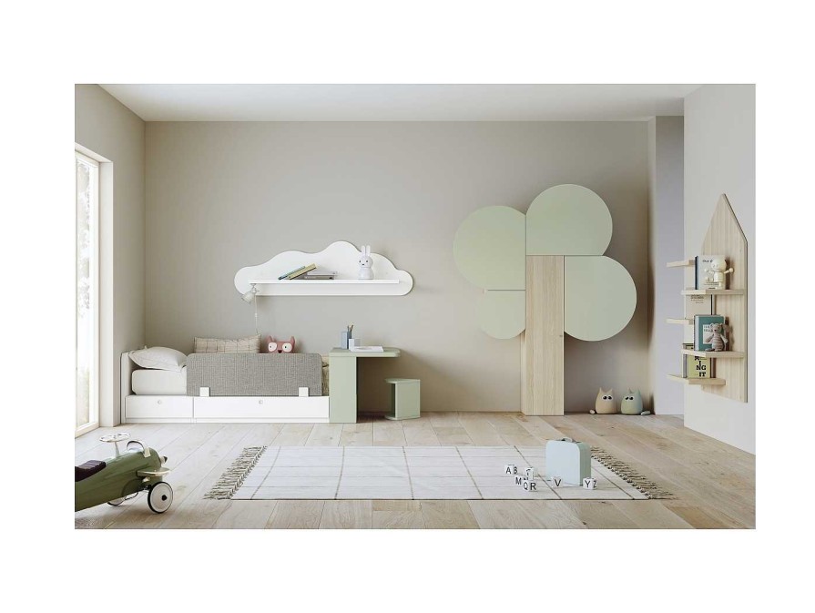 Juveniles Merkamueble | Composici N Juvenil Con Cama Convertible Infantil Con Escritorio, Estanter As Casita Y Rbol Color Blanco-Verde Soft-Nordic