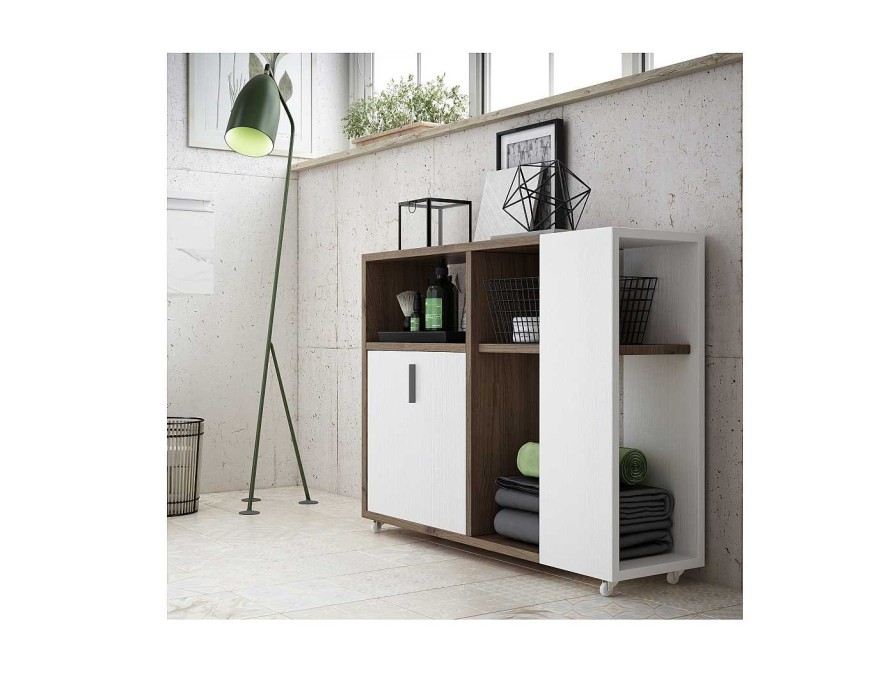 Auxiliares Merkamueble | Mueble Librero Con Puerta Y Ruedas Color Roble Viejo-Blanco Roto